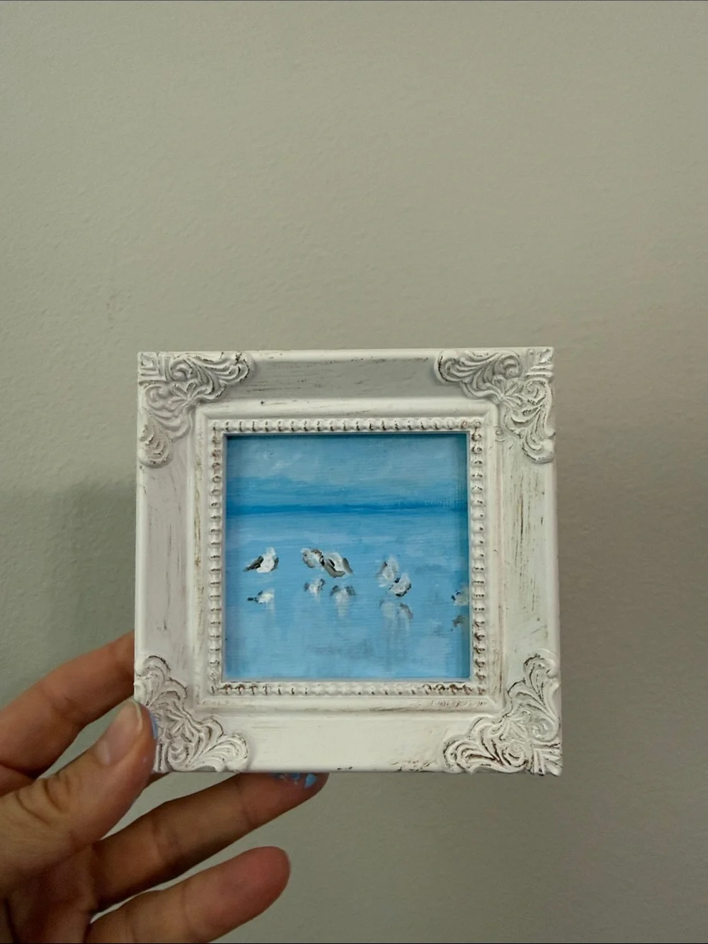 White Ornate Mini Frame Wall Art - Coastal Blue Snowpoulers Painting
